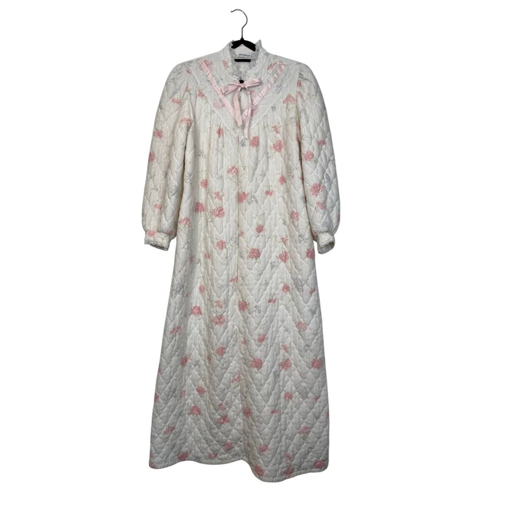Vintage Miss Elaine Quilted Robe Pink Floral Lace Trim USA Long Housecoat